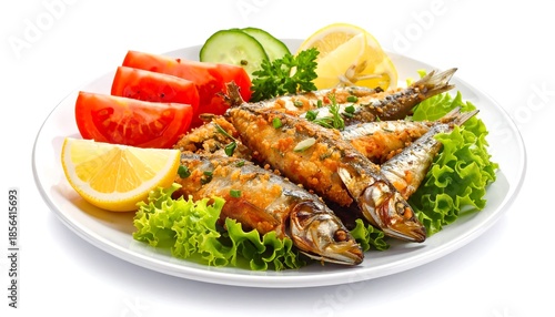 Delicious fried sprats plated with fresh vegetables and lemon on a white background