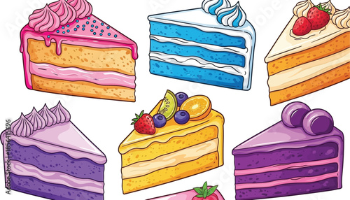 Assorted cake slices delicious baked goods with vibrant frosting and toppings
