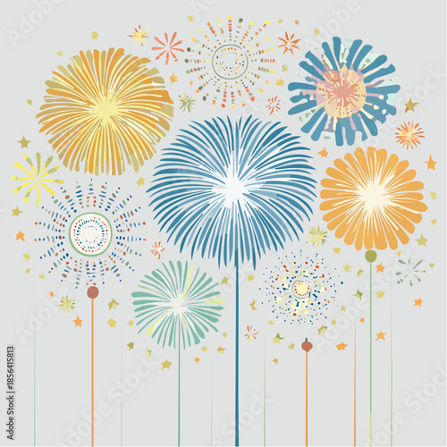 A colorful illustration of fireworks exploding in the night sky
