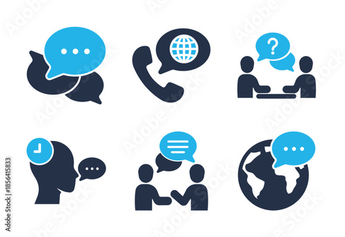 Global Support and Customer Communication icon set. Solid glyph series icons