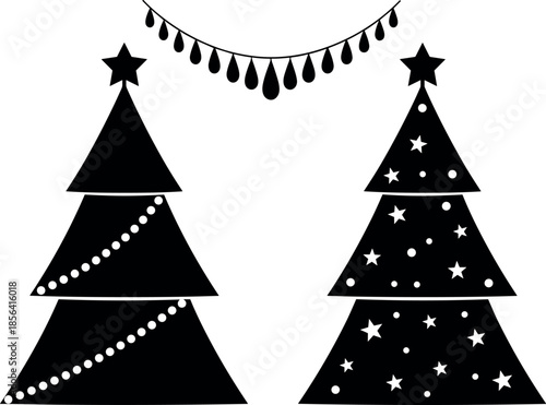 Black minimalist Christmas tree silhouettes with star toppers and decorative garland elements isolated on white background for festive holiday graphic design