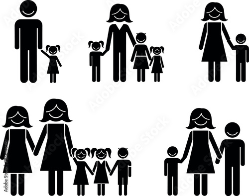 Diverse stick figure family sets featuring single parents same sex couples and various children groupings for modern community demographic icons