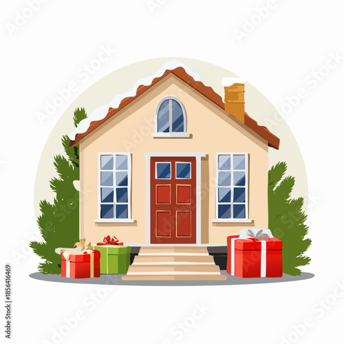 A charming house with presents on the front porch during Christmas