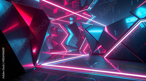 Futuristic 3D geometric banner, sharp polygonal shapes framing the edges