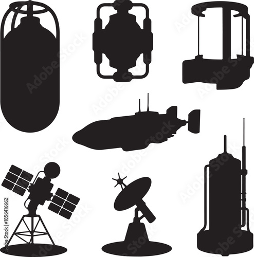 Collection of futuristic technology and space equipment silhouettes