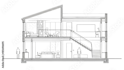Architectural cross-section of a modern two-story house with interior details
