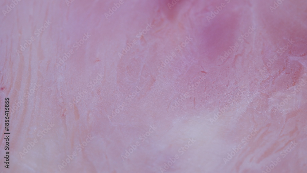 Fototapeta premium Closeup of pork ham texture, Detailed closeup of raw pork ham with marbling and veins, Macro photography capturing raw pork ham surface with pink muscle and fat streaks