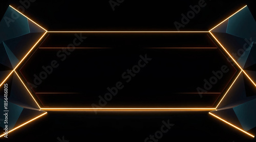 Futuristic 3D geometric banner, sharp polygonal shapes framing the edges