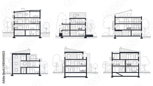 Architectural Floor Plans and Sections of Modern Residential Buildings