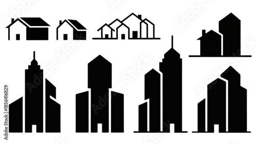 Collection of Black Silhouettes Representing Various Buildings and Architectural Structures