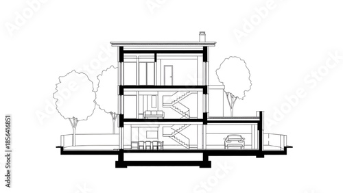 Detailed architectural cross-section of a contemporary multi-story residential building, illustrating internal structure and spacious modern living design