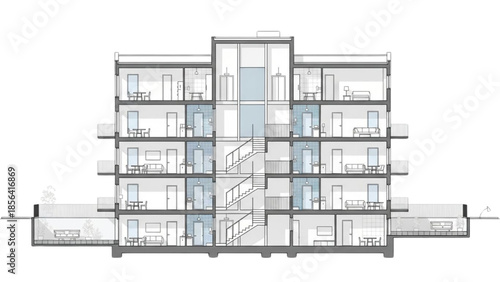 Architectural cross-section of a modern residential building with balconies and amenities