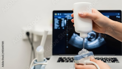 Medical Professional Prepares for Prenatal Ultrasound Scan by Applying Gel to Transducer mammogram