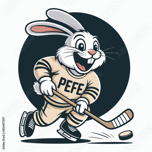 Funny cartoon rabbit playing ice hockey mascot illustration