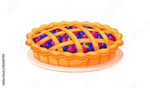 Colorful berry fruit pie vector illustration with lattice crust isolated on white background