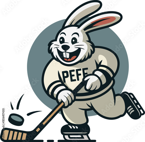 Funny cartoon rabbit playing ice hockey mascot illustration