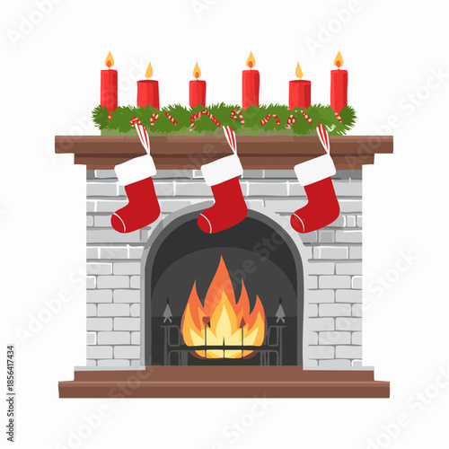 A festive holiday fireplace with stockings and candles on the mantle