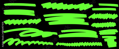 Artistic doodle shapes sketched with marker on paper, where highlight shapes the line path. Rough underline elements on paper add marker character and highlight emphasis to every line underline.