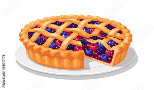 Fresh homemade mixed berry pie vector illustration with golden crust isolated on white background