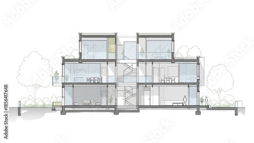 Detailed Architectural Cross-Section of a Modern Multi-Level Residential Building with Integrated Greenery