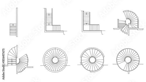 Comprehensive collection of architectural staircase designs illustrating various forms and plan views for building concept and construction planning