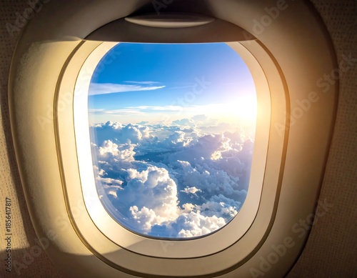 View through airplane window of puffy clouds and bright sunlight