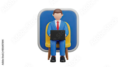 3D cartoon businessman with laptop sitting on a yellow chair on transparent background