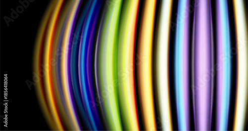 Colorful curved lines form abstract pattern. Bright spectrum radiates from dark background. Vivid gradients create dynamic visual effect.