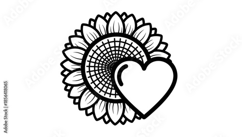 Black and white sunflower with heart shape, symbolizing love and nature's beauty.