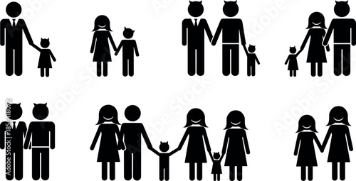 Set of inclusive family icons featuring diverse parenting styles same sex couples single parents and children with unique horn attributes.
