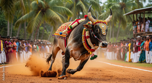 Decorated Bull Runs During Traditional Indian Festival
