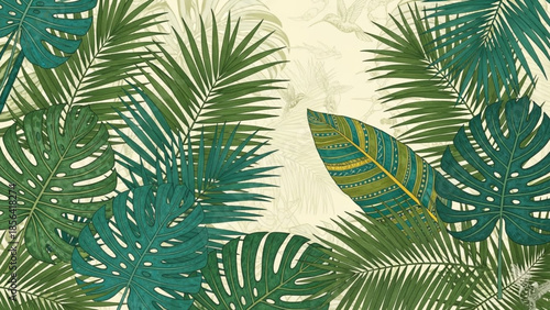 Tropical leaves surround a serene background in an illustrative eps design Whisk