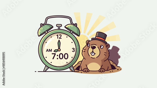 Cute cartoon groundhog emerging from its burrow next to an alarm clock set for 7 AM, celebrating Groundhog Day.