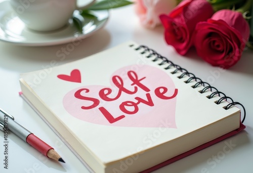 Self love Valentine concept, notebook with positive affirmations, minimal desk, soft natural light, copy space