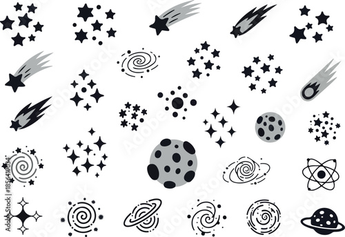 Collection of vector celestial elements, including stars, comets, and galaxies