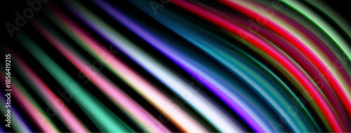 Abstract colorful lines curve across black background. Bright hues create dynamic visual effect. Modern design element.