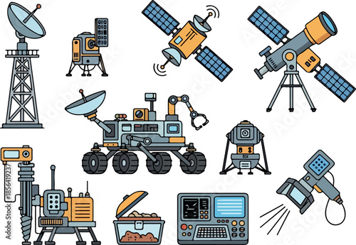 Space Exploration Icons Satellites, Rovers, Telescopes and Equipment