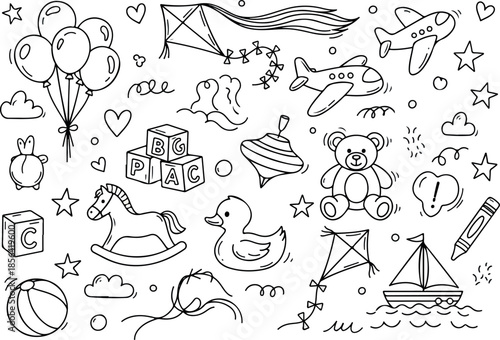 Whimsical Collection of Hand-Drawn Childlike Playtime Icons