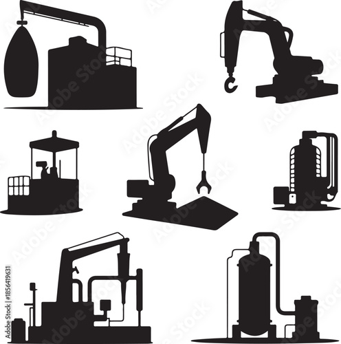 Collection of industrial machinery and heavy equipment silhouettes
