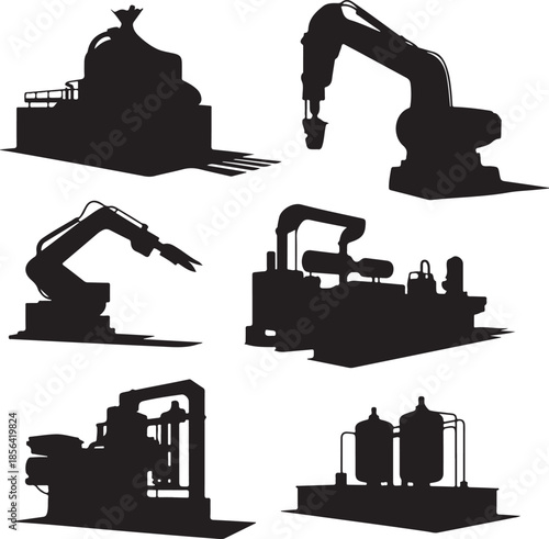 Collection of industrial machinery and robotic arms isolated on transparent background