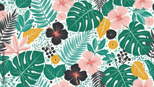 Tropical leaves and flowers pattern with whisk design elements in a vibrant eps file