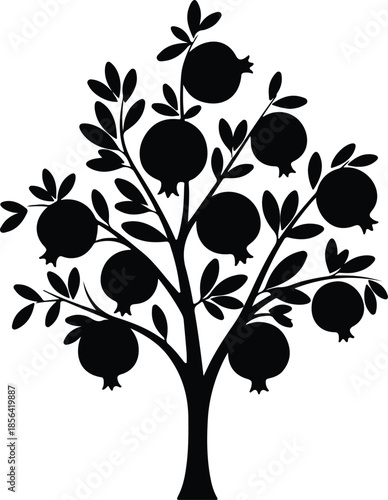 Silhouette of a pomegranate tree with ripe fruits Vector Illustration