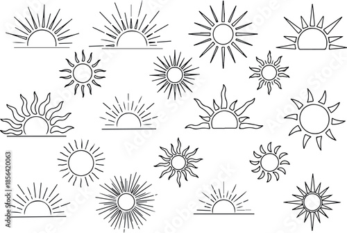 Collection of linear sun and sunrise icons for design projects