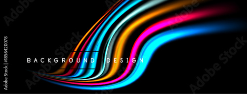 Abstract colorful lines over black background. Dynamic waves create modern design element. Bright hues offer visual impact.