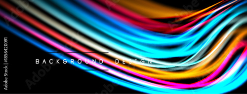 Abstract colorful fluid shapes flow across black background. Dynamic lines create modern visual impact. Bright hues suggest energy, movement.