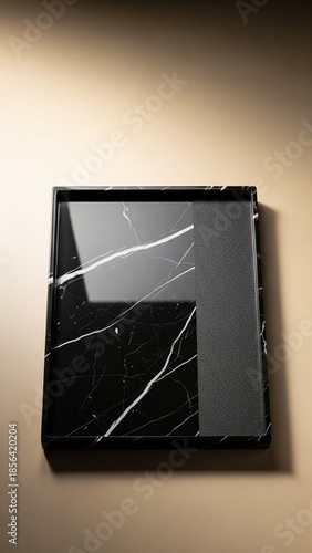 Black marble tray isolated on a warm neutral background