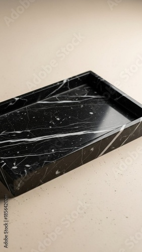 Black marble tray isolated on a warm neutral background