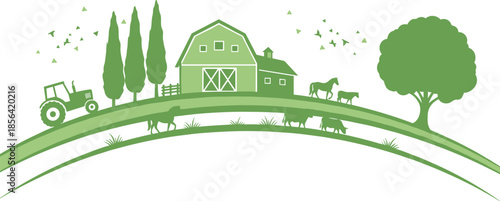 Farm landscape vector illustration, barn and tractor scene, grazing animals, green rural design, cad drawing flat vector illustration