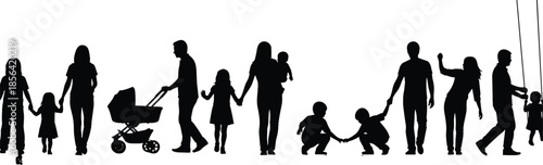 Family silhouette vector, parenting activities, children interaction, stroller, swing, bonding moments, black icons, lifestyle concept, emotional connection, care