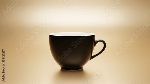 Black porcelain cup on a warm champagne background, minimalist luxury tableware